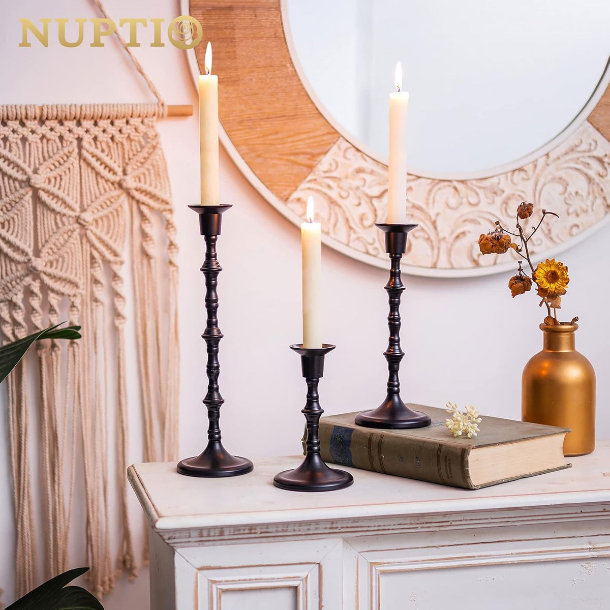 Nuptio Black Candle Holder Set of 3 Gothic Candlestick Holders for Taper Candles Metal Candle Sticks Candleholders Table Centerpieces for Dining Room Wedding Home Halloween Farmhouse Fireplace