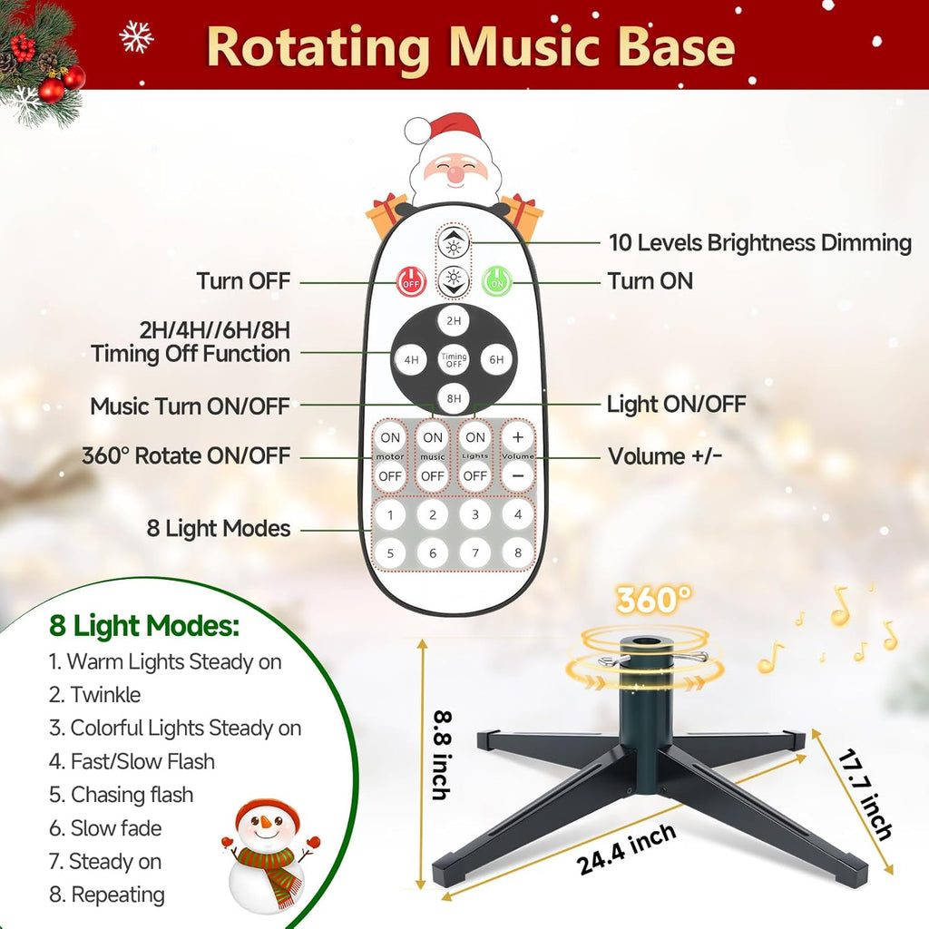 9ft Pre-Lit Snow Flocked Rotating Christmas Tree with 600 Multi-Color LED Lights, 2512 PE & PVC Tips - Realistic Artificial Tree for Holiday Decor