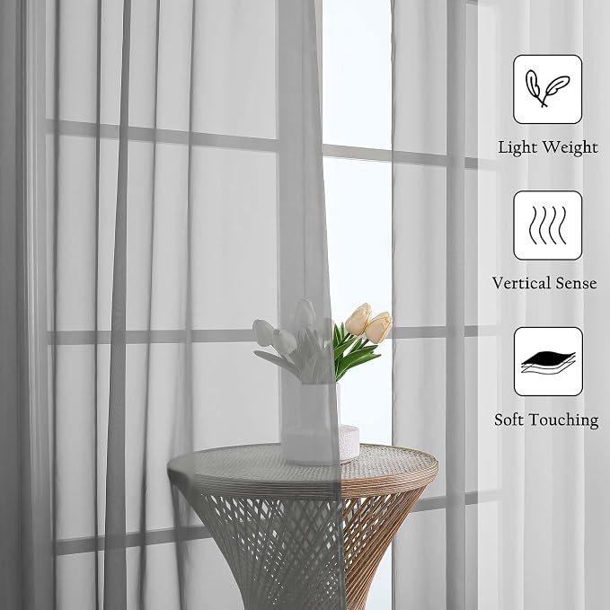 Charcoal Grey Sheer Curtains 90 Inches Long 2 Panels Set, Dual Rod Pocket - Image 2