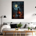 JFHCQJPK Halloween theme poster moonlit autumn night witch vintage poster art print dark college style gothic painting canvas wall decoration bedroom living room ideal gift12x16in Metal blackFramed