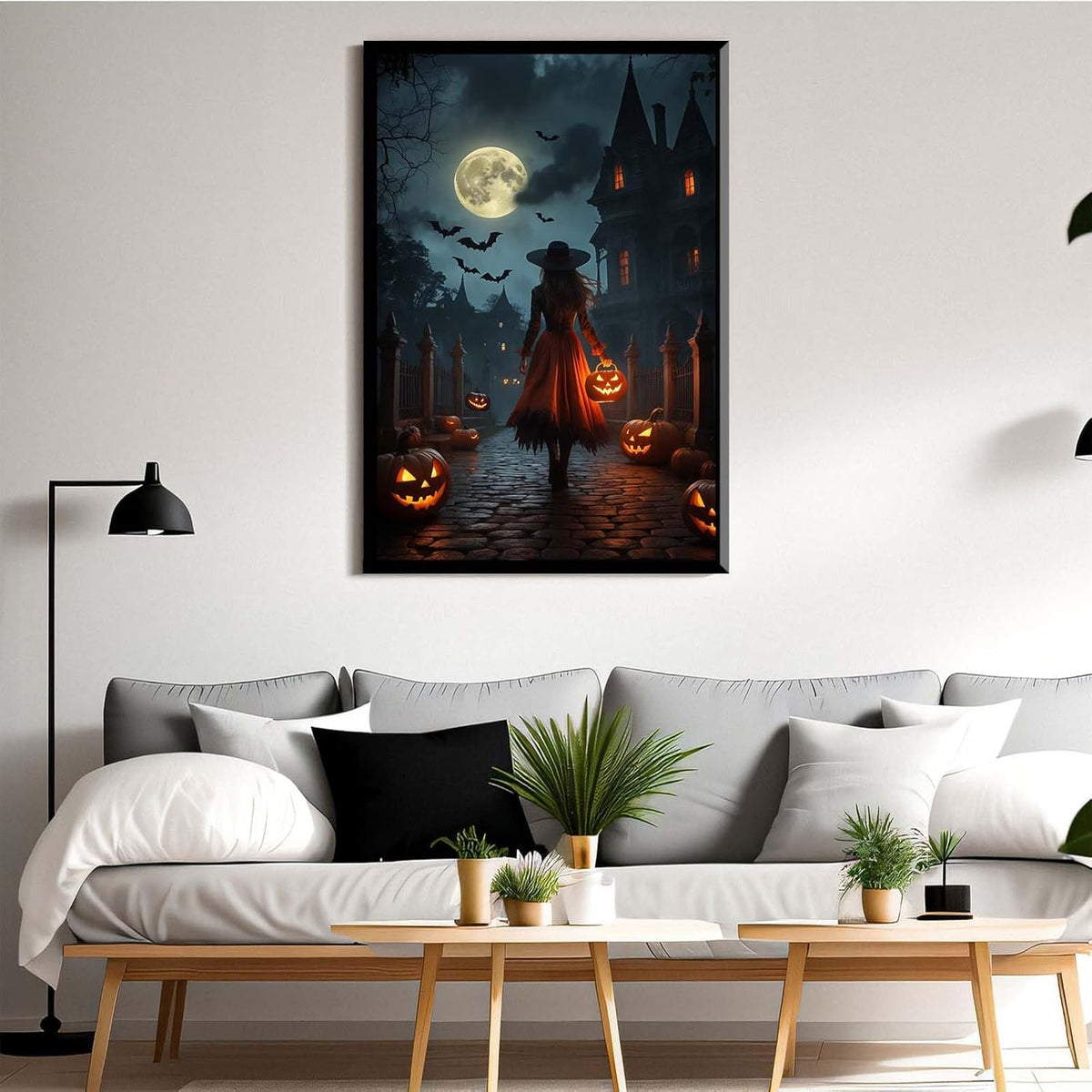 JFHCQJPK Halloween theme poster moonlit autumn night witch vintage poster art print dark college style gothic painting canvas wall decoration bedroom living room ideal gift24x36in Metal blackFramed