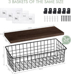 Wall Hanging Baskets 3 Pack, Extra Large Diversified Wire Basket Shelves of Wooden Style, with Wall Mounted Hooks & Traceless Stickers, for Kitchen Coffee Bar Office Room Garage Storage Organization
