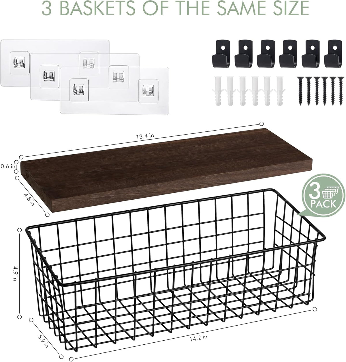 Wall Hanging Baskets 3 Pack, Extra Large Diversified Wire Basket Shelves of Wooden Style, with Wall Mounted Hooks & Traceless Stickers, for Kitchen Coffee Bar Office Room Garage Storage Organization