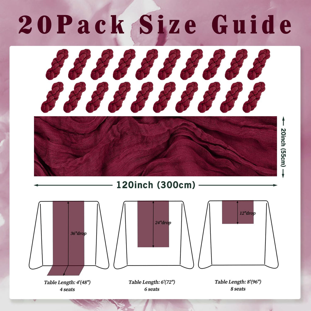 Burgundy 20 Pack Cheesecloth Table Runner 10FT Rustic Gauze Cheese Cloth Table Runner for Wedding Bridal Baby Shower Table Decor 20 x 120 Inch Long Boho Fabric Sheer Birthday Party Table Decorations