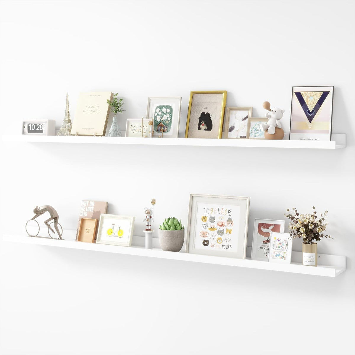 Picture Ledge Shelf, Wood Long Floating Shelves for Wall, Set of 2, 56 inch Picture Ledge Shelves, Photo Ledge Nursery Book Shelves Wall Mounted for Living Room Kids' Room Bedroom, Color White