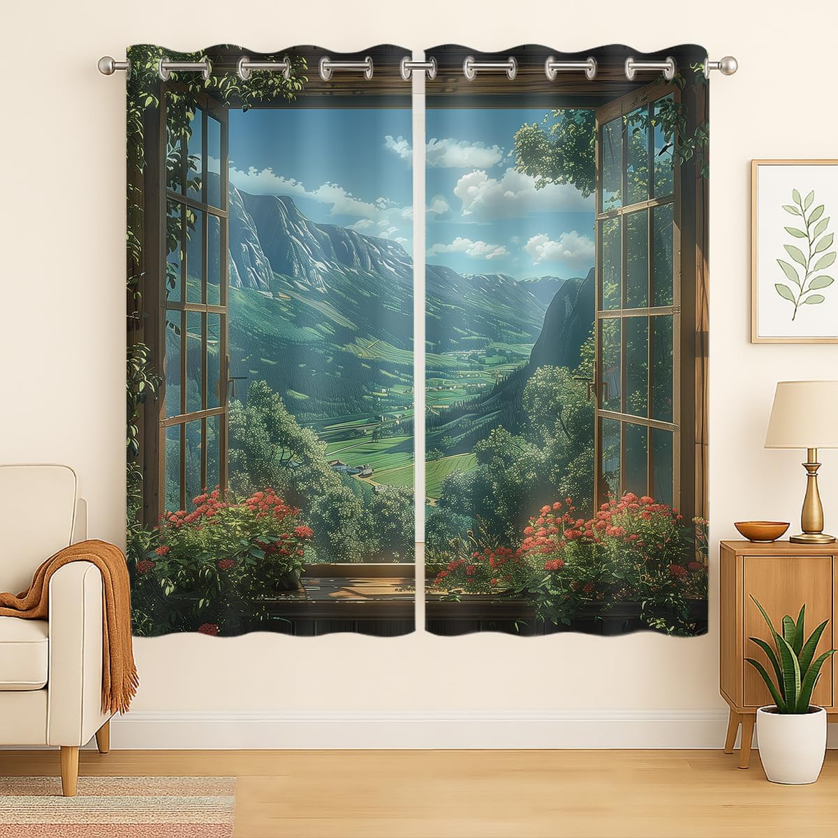 Mountain Blackout Curtains for Girls Boys Teens Home Decor, Spring Sky View Nature Forest Flower Grommet Thermal Insulated Drapes Darkening Window Curtain for Bedroom Living Room, 63 x 63 Inch