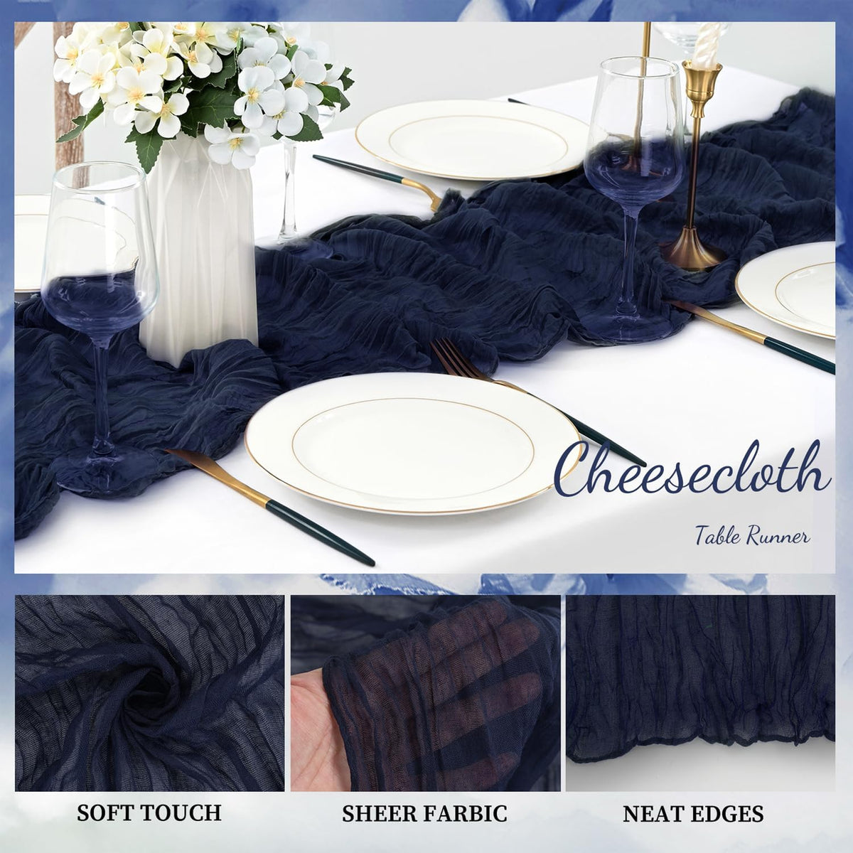 12 Pack Navy Blue Cheesecloth Table Runner 10FT Boho Fabric Rustic Cheese Cloth Table Runner for Wedding Bridal Shower Baby Shower Gauze Sheer Birthday Party Table Decorations 20 x 120 Inch Long