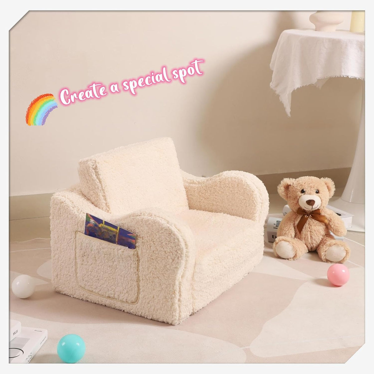 Kids Chairs for Toddler, 2-in-1 Toddler Soft Sherpa Couch Fold Out, Convertible Sofa to Lounger for Girls and Boys, Cream