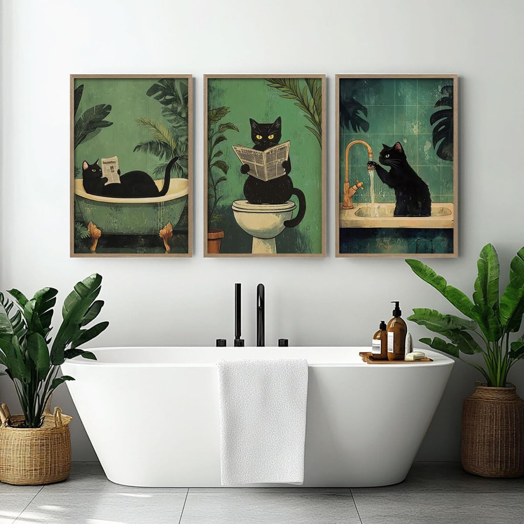 3Pcs Wooden Frame Cute Black Cat Bathroom Wall Art Modern Style Canvas Prints Funny Posters Pictures Decorative Paintings Artworks Suitable for Living Room Bedroom Bathroom Gallery Style Design 12x16In