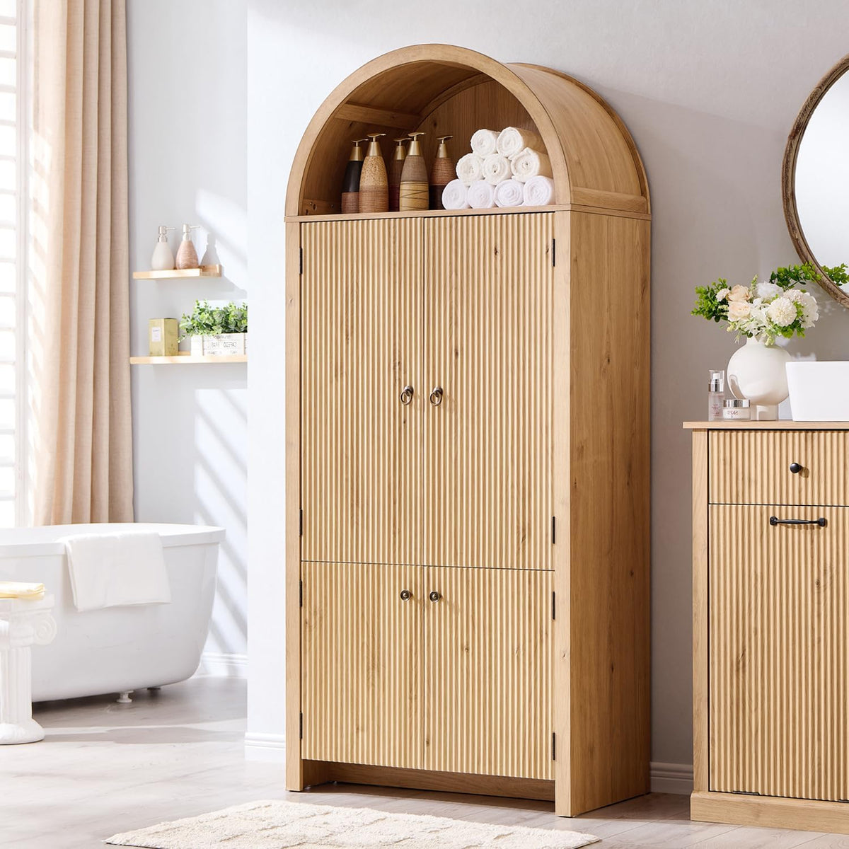 71" Tall Arched Bathroom Storage Cabinet, Modern Fluted Storage Cabinet w/Doors, 3 Adjustable Shelves, 6 Door Shelves, Wood Freestanding Cabinet for Bathroom, Entryway, Hallway, Natural