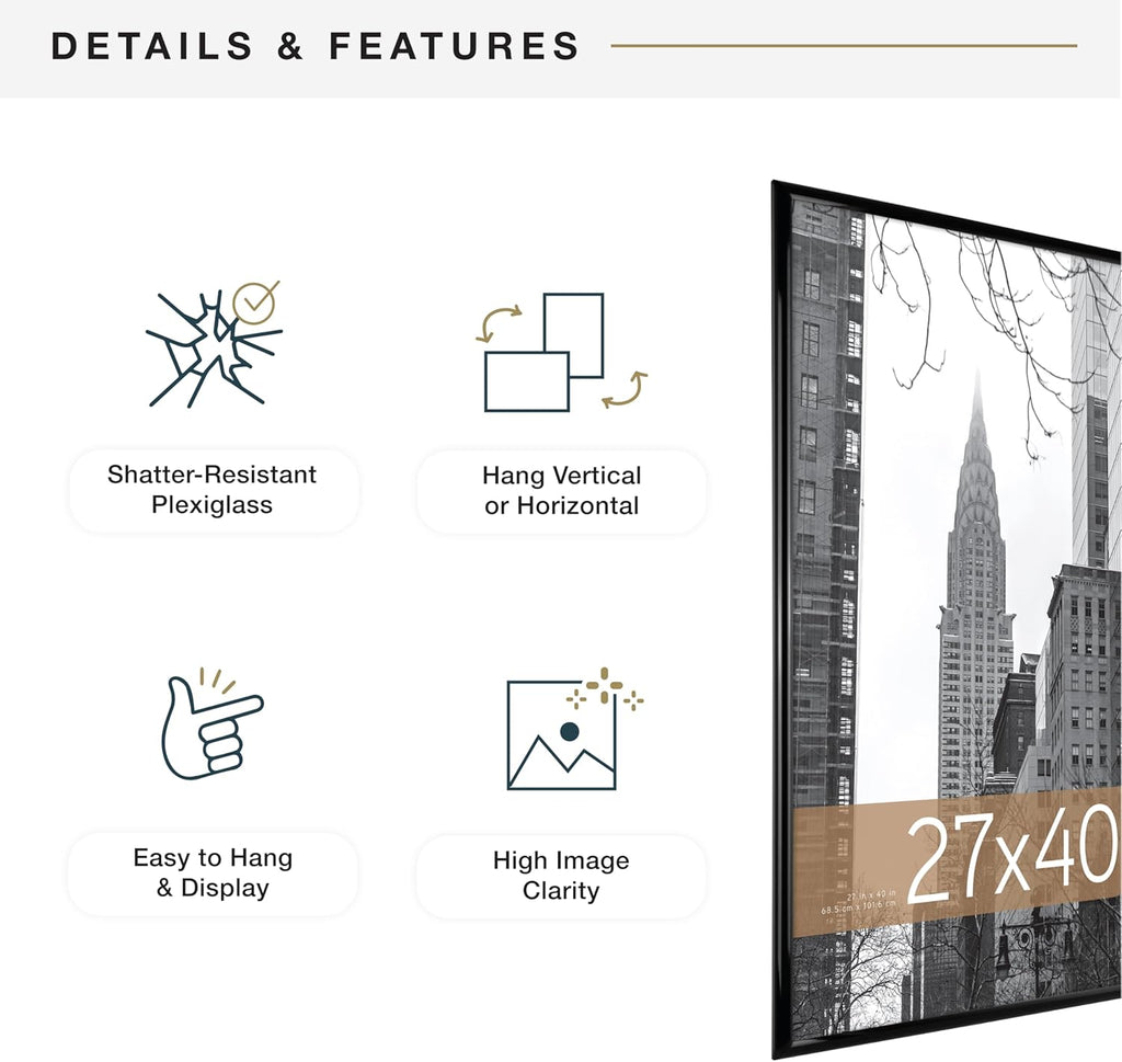 MCS Trendsetter Movie Poster Frame 27x40 Black High-Gloss, Vertical & Horizontal Wall Hanging Large Picture Frame for Photos, Artwork & Custom Posters (1-Pack)