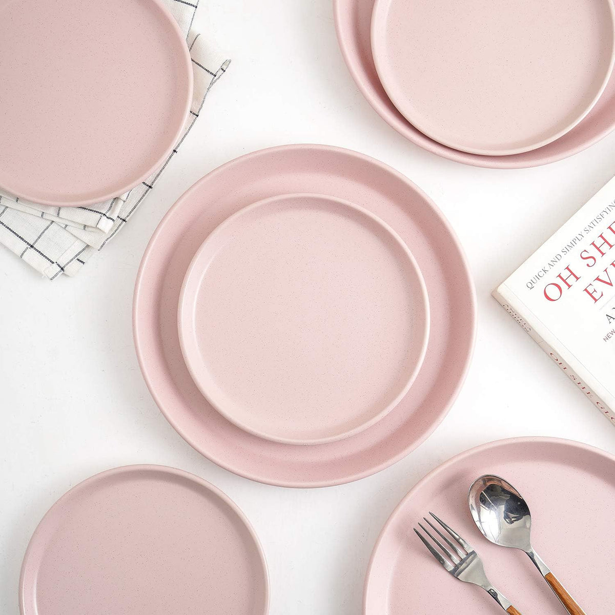 Stone Lain Albie Stoneware 16-Piece Modern Dinnerware Set, Kitchen Plates and Bowls Sets, Dish Set for 4, Pink