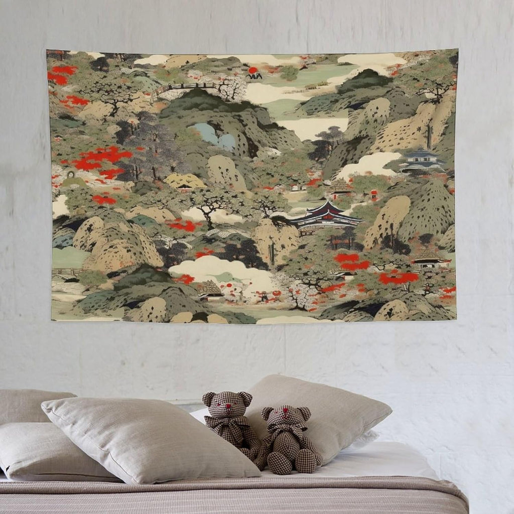Asian Tapestry,Japanese Red Landscape Asian Watercolor Abstract Art Tapestry, Asian Japanese Wall Tapestry, Nature Landscape Tapestries for Bedroom Living Room Decor 60"x40"