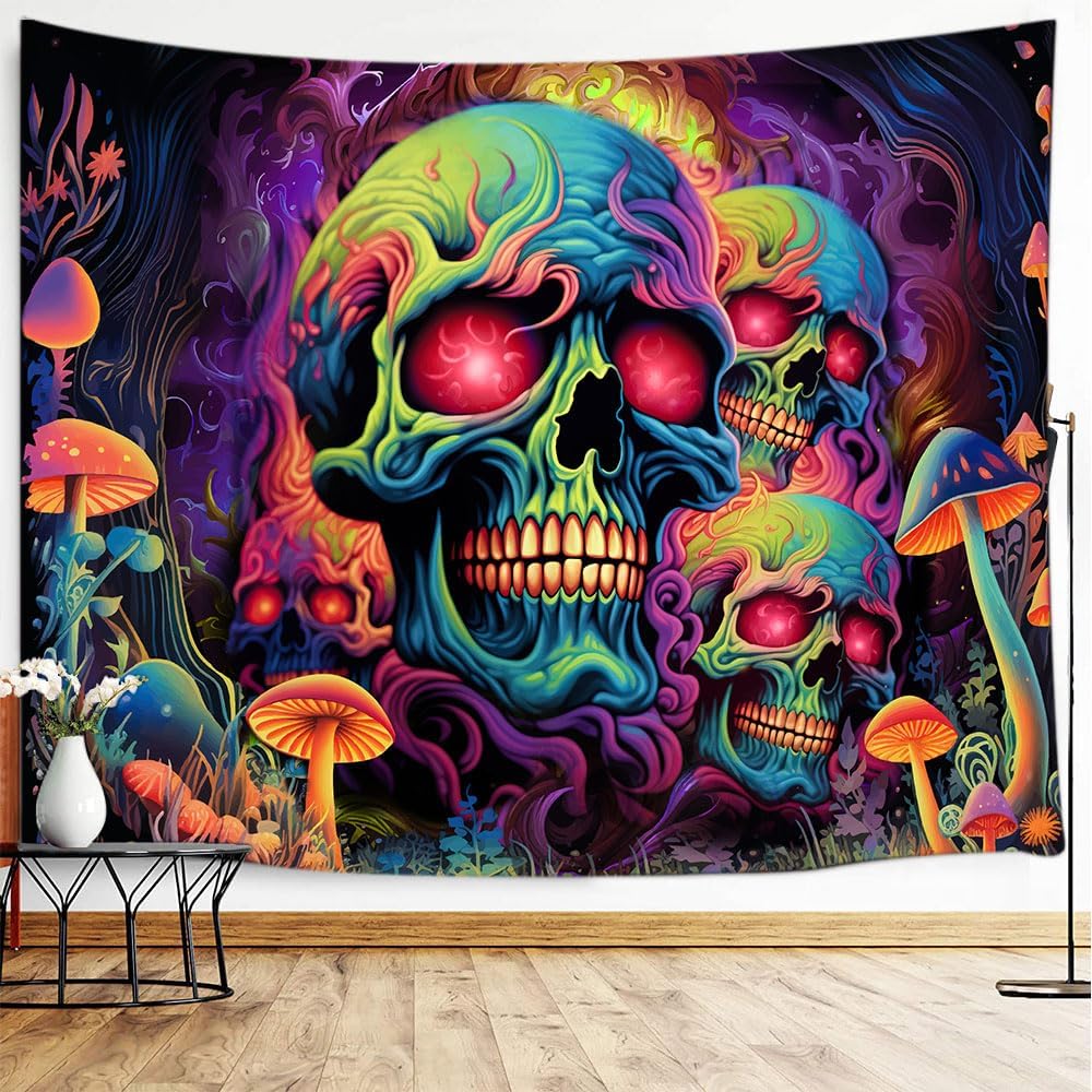 Xiaoput Skull Blacklight Wall Art, UV Reactive Skeleton Tapestry for Bedroom, Living Room, Dorm Decor 90x70IN