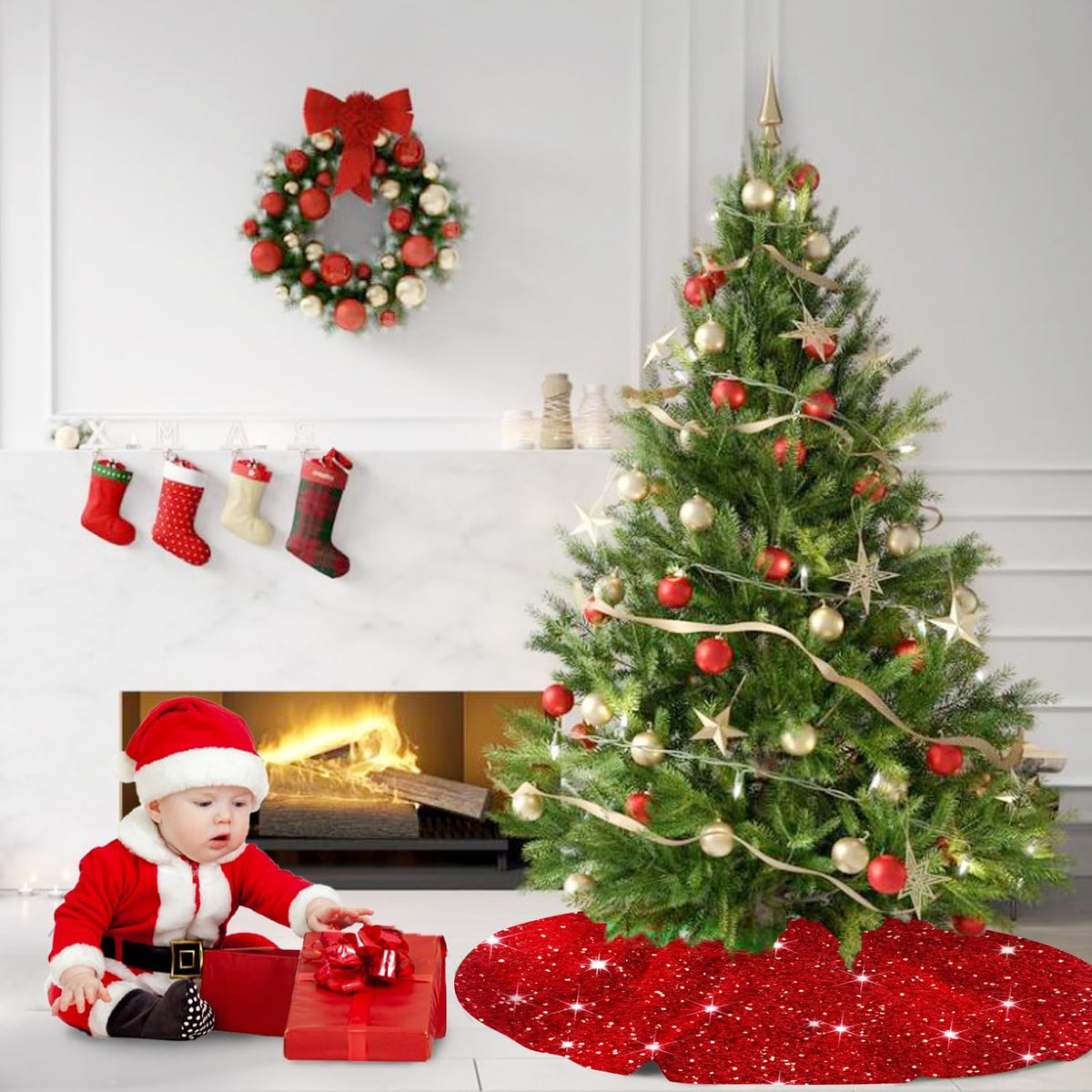 MODFUNS Red Christmas Tree Skirt Mini Glitter Tree Skirts 21 Inch Sequin Xmas Tree Skirt Thick Velvet Tree Mat Small Sparkly Tree Skirts Bling Christmas Tree Skirting Collar for Winter Holiday Decor