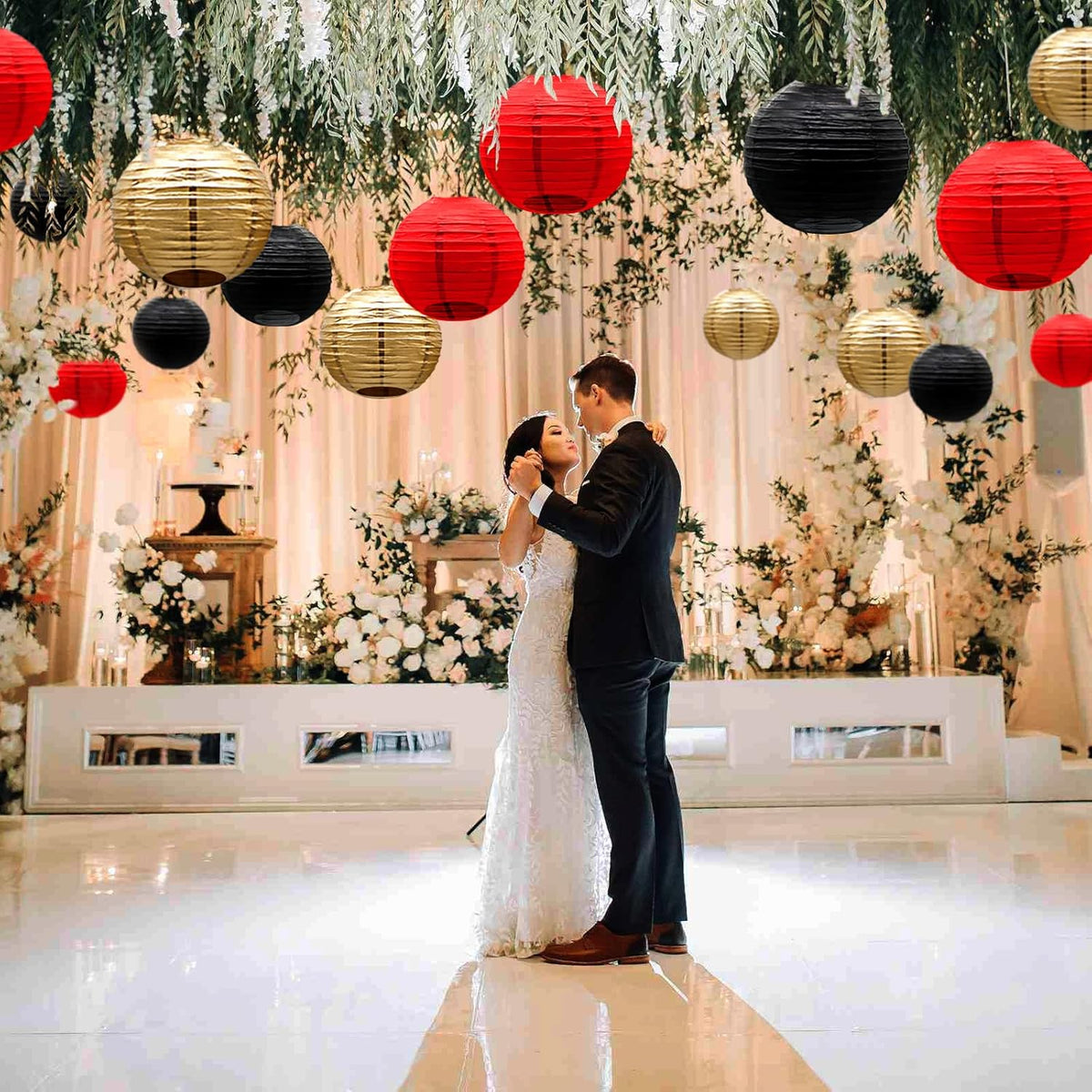 ADLKGG Paper Lanterns Decorations, Red Black Gold Hanging Round Paper Lanterns for Graduation, BBQ Party Supplies, Mickey Mouse Themed Birthday, Pirate Theme Casino Poker Party Decor Set of 21