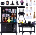 56 Pcs Halloween Miniatures Decorations 1:12 Scale Magic House Accessories Mini Wooden Bookshelf Furniture Set Tiny Sorcery Bottles Books Desk Chair Witch Hat Dollhouse Decor