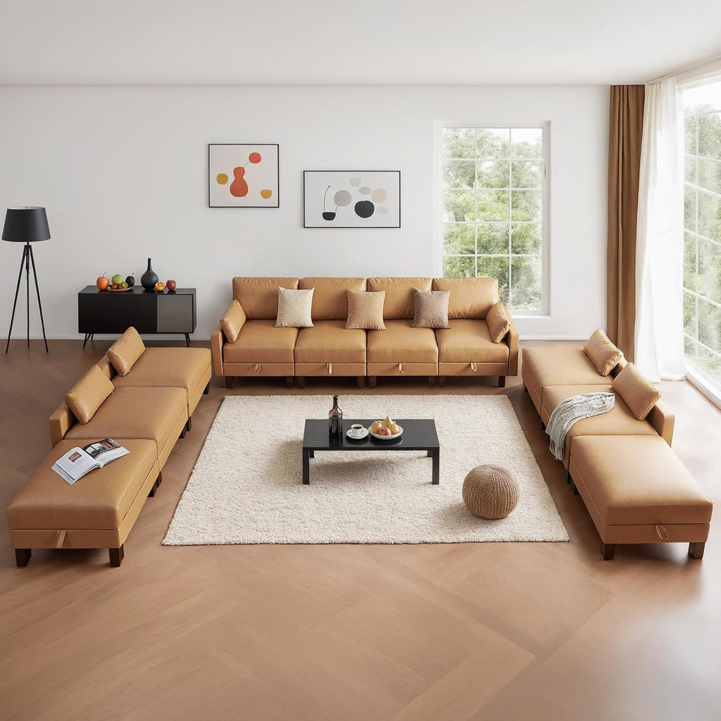 U Shape Sectionals Sofa Couch with Storage, Faux Leather 10 Seater Sofa, Big Comfy Couch, Large Sectionals for Big Space, House, Office, Tan