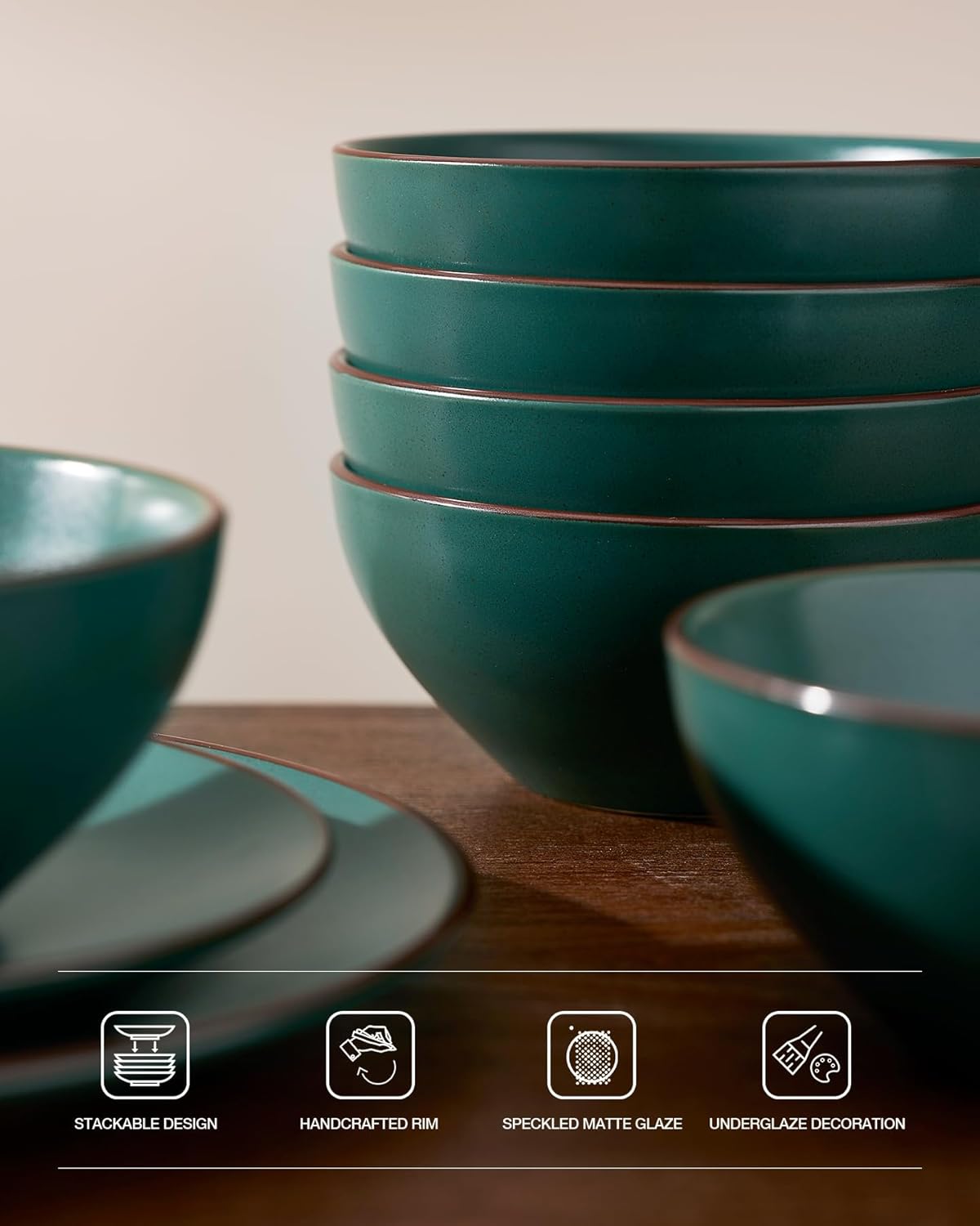 Famiware Venus Plates and Bowls Sets, 12 Pieces Stoneware Speckled Dinnerware Sets, Dishes Set for 4, Microwave and Dishwasher Safe, Matte Dark Green