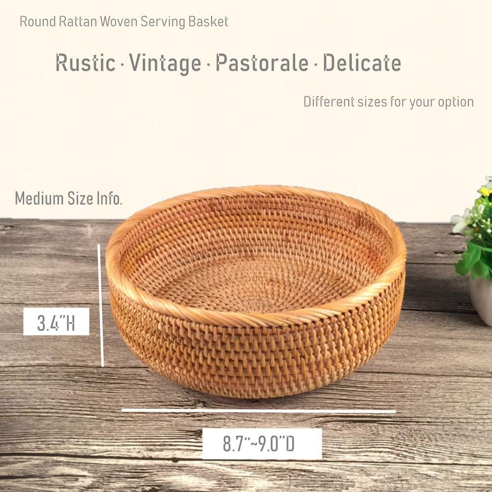Hadewoven Round Rattan Fruit Basket Wicker Food Tray Weaving Storage Holder Dinning Room Bowl, 9 Inch Woven Bread Basket Key Bowls with 3.5”Wall for Table, Countertop (Medium 8.66")