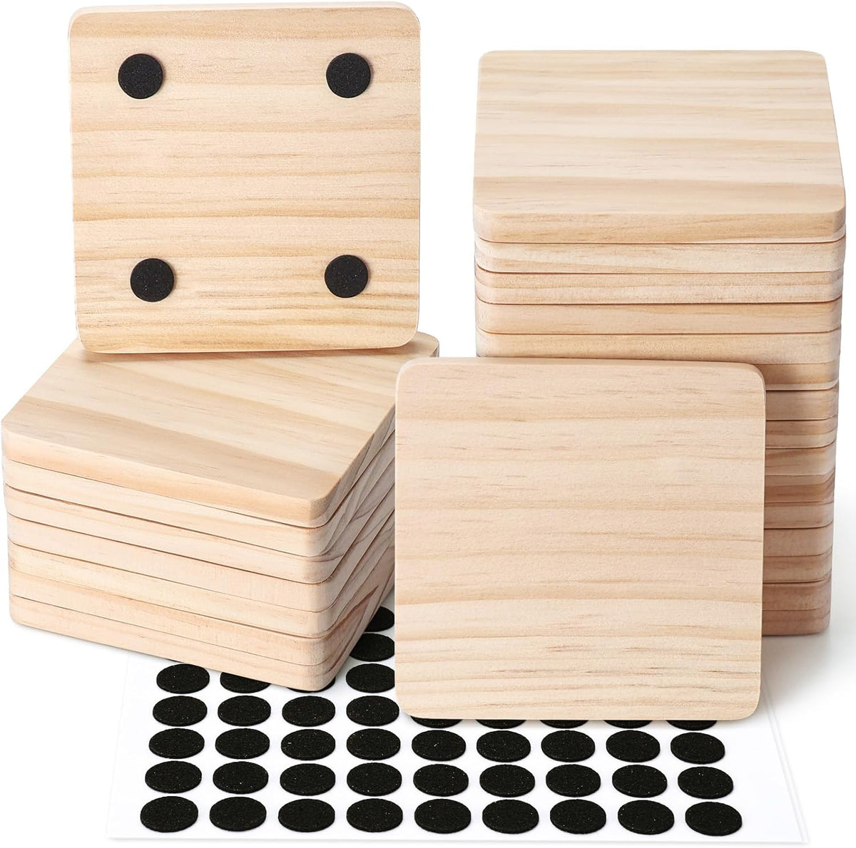 24 Pieces Unfinished Wood Coasters, GOH DODD 4 Inch Wooden Slices Blanks Bulk Set with Soft Foot Pads for Drinks Crafts Laser Engraving Wood Burning Staining Drawing Painting Decoupage Wedding, Square