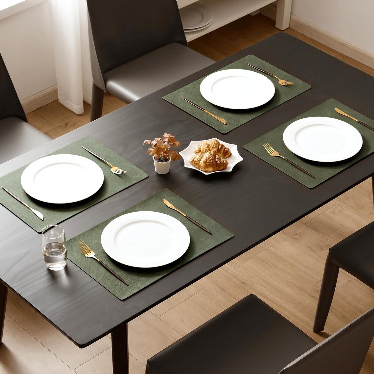 MOSAYT Vinyl Placemats Set of 4-12 X 17 Inch - Faux Leather 100% Waterproof Oil-Proof Wipeable PU Place Mats, Heat Resistant Reversible Table Mats for Kitchen, Dining, Outdoor (Olive Green)