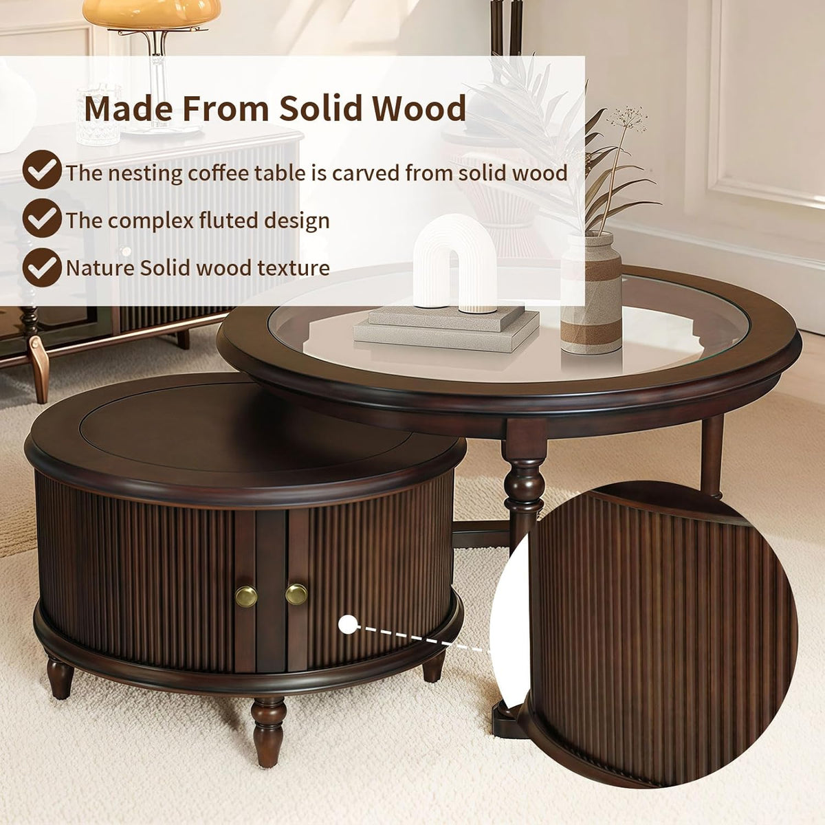 31.5'' Nesting Coffee Table Set of 2, Solid Wood Round Nesting Coffee Table Fluted with Storage, Brown Modern Coffee Table Set for Living Room Office