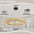 Dia 40" Modern Chandelier Ring Crystal Chandelier Adjustable Height Luxury Crystal Pendant Ceiling Light Fixture for Dining Living Room Bedroom