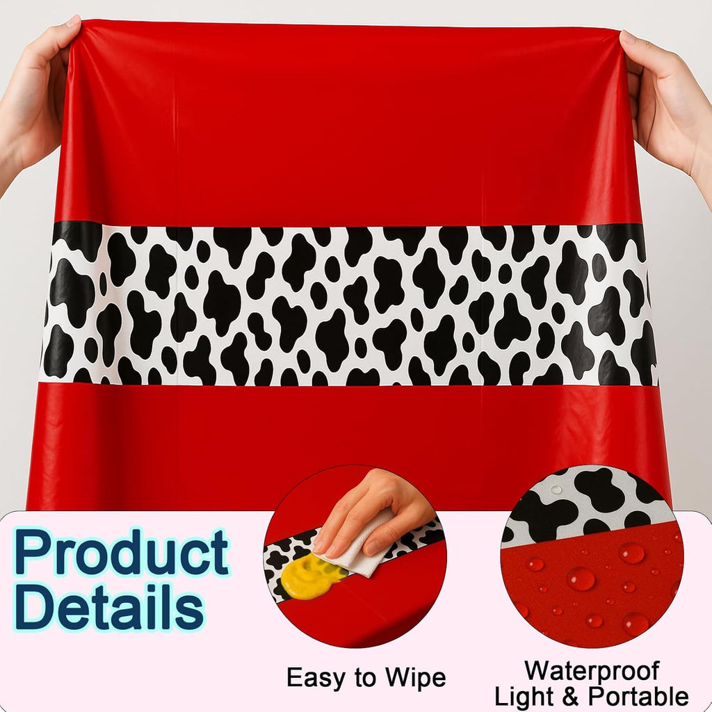 6 Pack 108 x 54 Inch Cow Print Tablecloth Cow Plastic Table Cover Birthday Party Table Cloth Disposable Plastic Farm Animal Party Cover for Disco Cowgirl Decorations Supplies Red
