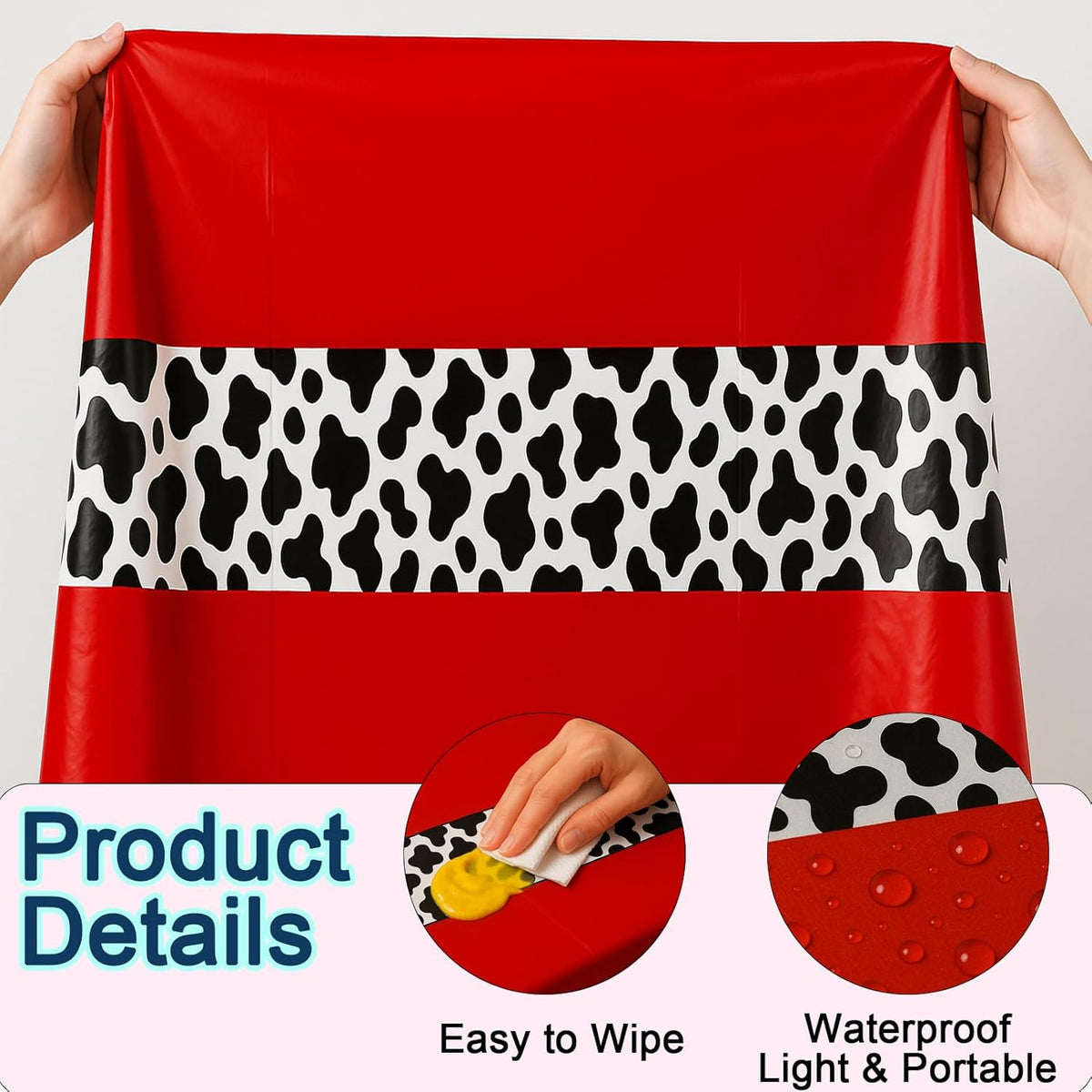 3 Pack 108 x 54 Inch Cow Print Tablecloth Cow Plastic Table Cover Birthday Party Table Cloth Disposable Plastic Farm Animal Party Cover for Disco Cowgirl Decorations Supplies Red