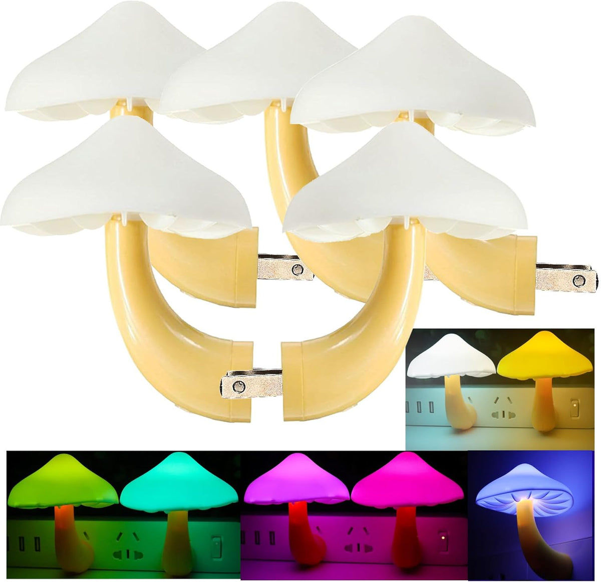 AUSAYE 5Pack Sensor LED Night Light Plug in Lamp 7 Color Changing Mushroom Light Cute Night Lights for Adults Kids NightLight Bedroom,Bathroom,Toilet,Hallway,Stairs,Kitchen,Basement