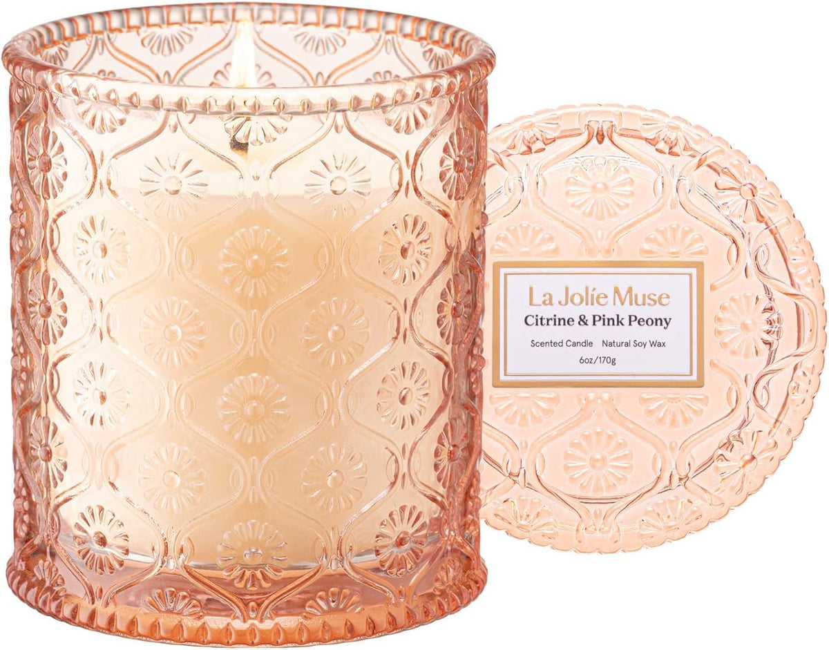 LA JOLIE MUSE Citrine & Pink Peony Scented Candles - Bergamot, Peony, Amber | 6 oz Natural Soy Wax | 40 Hours Clean Burn | Citrus Scented Candle| Gift-Ready for Hosts & Gatherings
