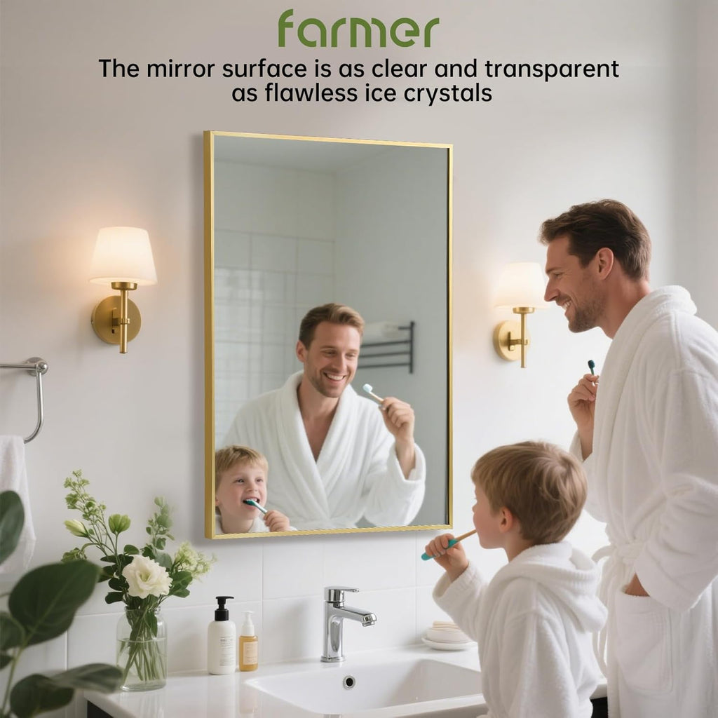 FARMER 20x30 Inch Gold Bathroom Mirror, Rectangle Wall Mounted Mirror, Vanity Mirror, Brushed Square Mirror, Framed Bathroom Mirror for Bedrooms, Entryways, Living Rooms, Horizontal/Vertical