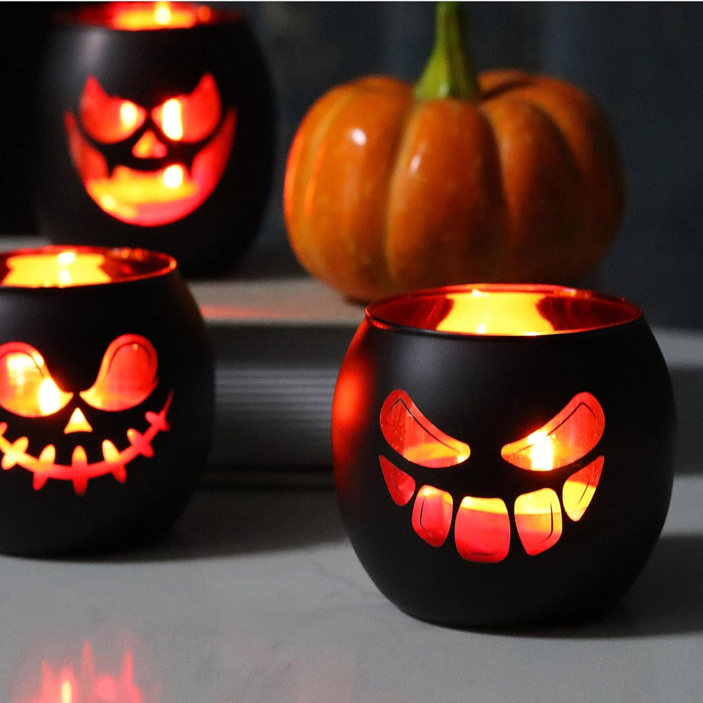 Black Halloween Table Centerpieces Candle Holders 6PCS, Jack O Lantern Tealight Votive Candle Holders, Indoor Halloween Decorations for Mantel Coffe Table Decor