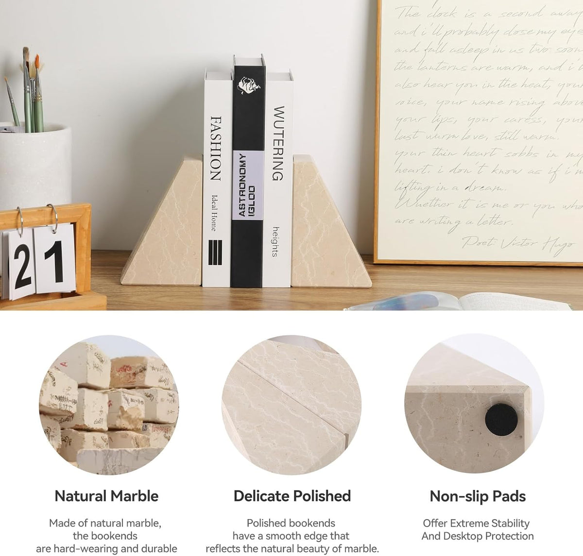 Marble Bookends for Heavy Books, Decorative Book Ends for Shelves, Durable and Heavy-Duty Stone Bookends for Hardback Book & CDS, Unique Book Stopper & Holder, New Jura Beige-Vein, Set of 2