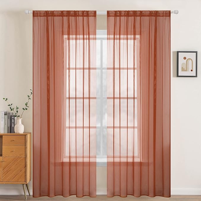 MIULEE Fall Burnt Orange Sheer Curtains 54 X 72 Inches, 2 Panels | Solid Color by MIULEE