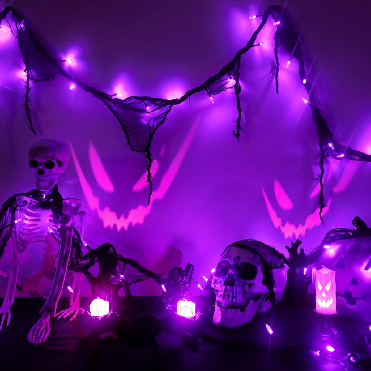 Halloween Horror Atmosphere Lights, Orange&Purple LED String Lights with 9.9FT Creepy Black Gauze, Battery Powered with Timer & 8 Flashing Modes (2 Pack Purple)