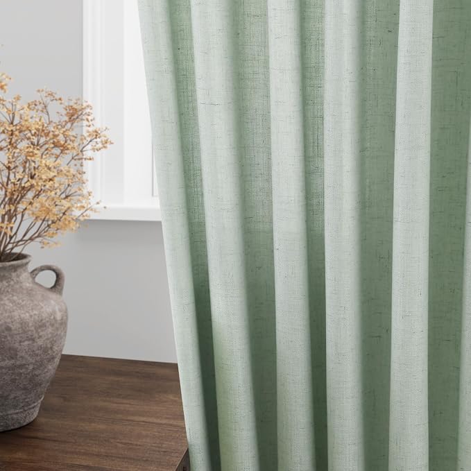 Aqua Green Linen Curtains 63 Inches Long 2 Panel Sets - Image 4