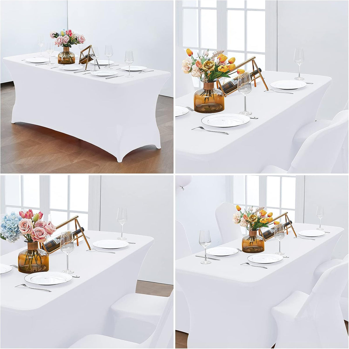 CWK 8FT Waterproof Stretch Spandex Table Cover for Rectangular Tables - Elastic Fitted Tablecloth for Folding Tables,Wrinkle Resistant Table Cloth for Parties, Weddings, Banquets & Events (White)