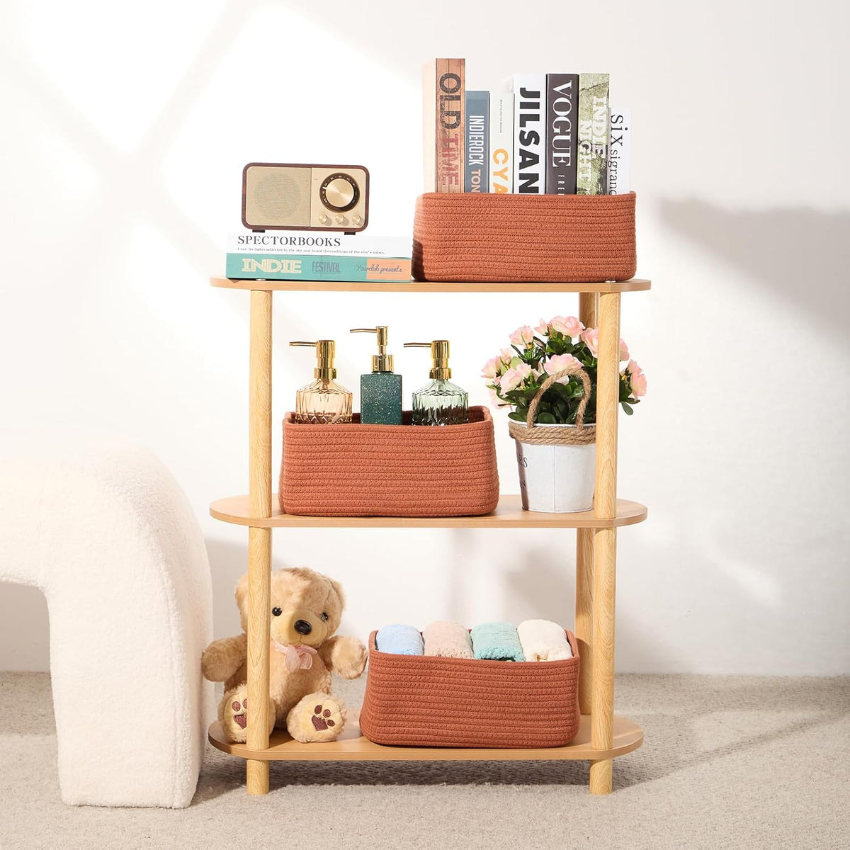 Small Storage Baskets for Organizing | Closet Organizer Bins | Shelf Toy Basket | Woven Rope Baskets | Cube Decorative Box | Shallow Basket | 11.5x7.5x4.7” | 3 Packs Oxide Red