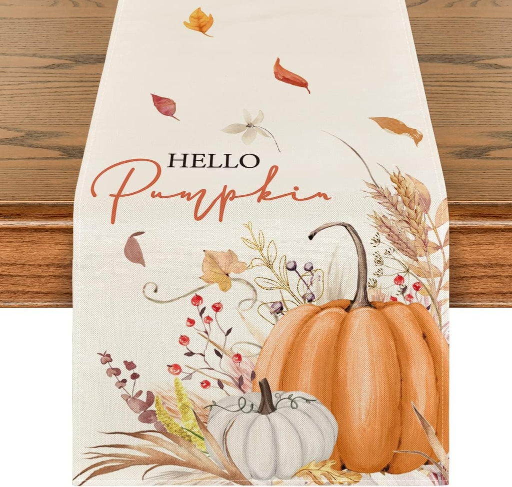 Artoid Mode Hello Pumpkin Flowers Leaves Thanksgiving Table Runner, Seasonal Fall Harvest Vintage Kitchen Dining Table Decoration for Indoor Outdoor Home Party Decor 13 x 90 Inch