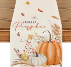 Artoid Mode Hello Pumpkin Flowers Leaves Thanksgiving Table Runner, Seasonal Fall Harvest Vintage Kitchen Dining Table Decoration for Indoor Outdoor Home Party Decor 13 x 90 Inch