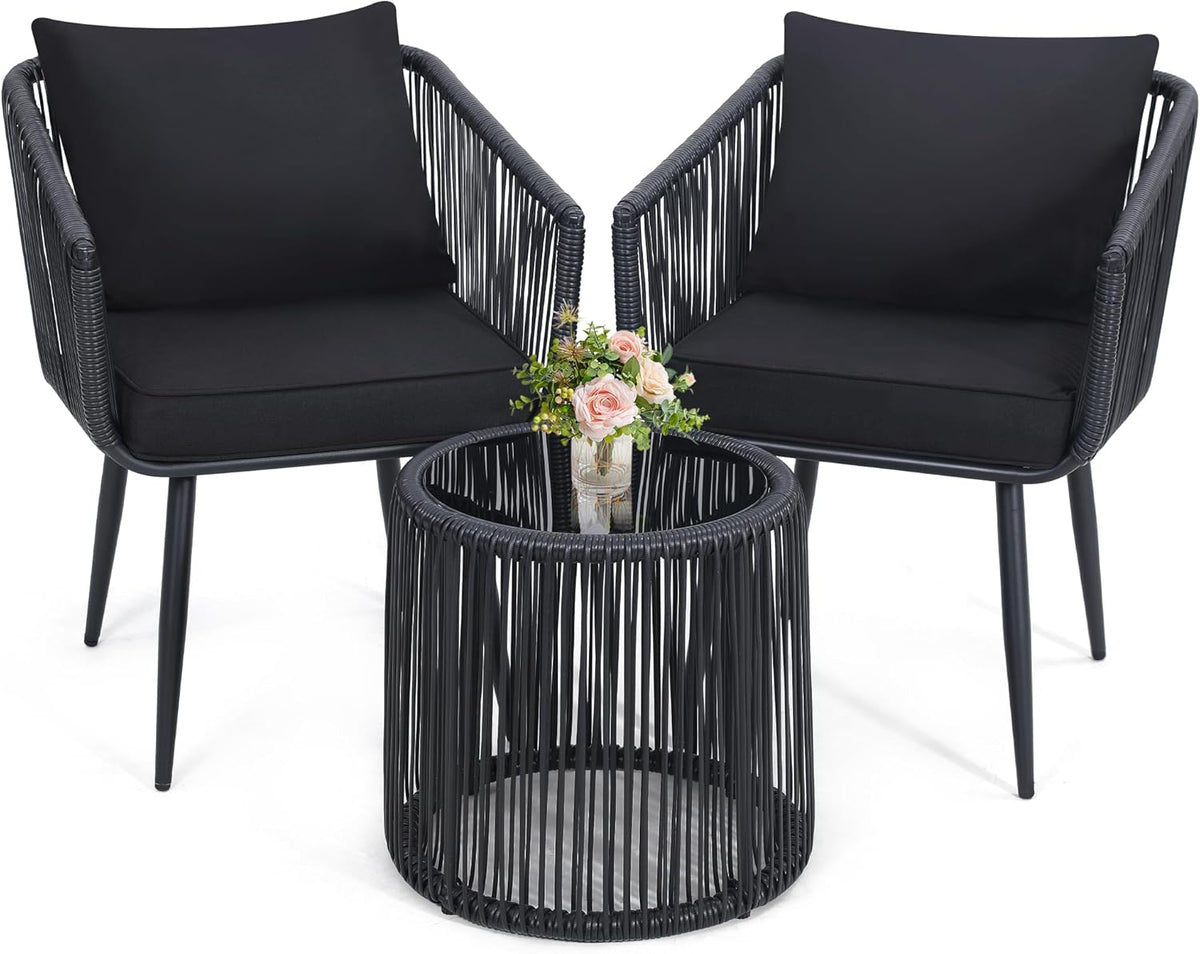 Kromax 3 Pieces Patio Rattan Bistro Conversation Set, Outdoor All-Weather Wicker Furniture Chairs and Side Table Set Ideal for Balcony, Porch and Backyard, Black