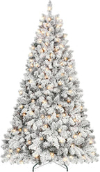 7.5 ft Prelit Flocked Christmas Tree, Lighted Full Christmas Tree with Pine Cones & 550 UL Lights, Snow Frosted Artificial Christmas Tree with Lights, Auto Hinged Xmas Tree for Holiday Décor
