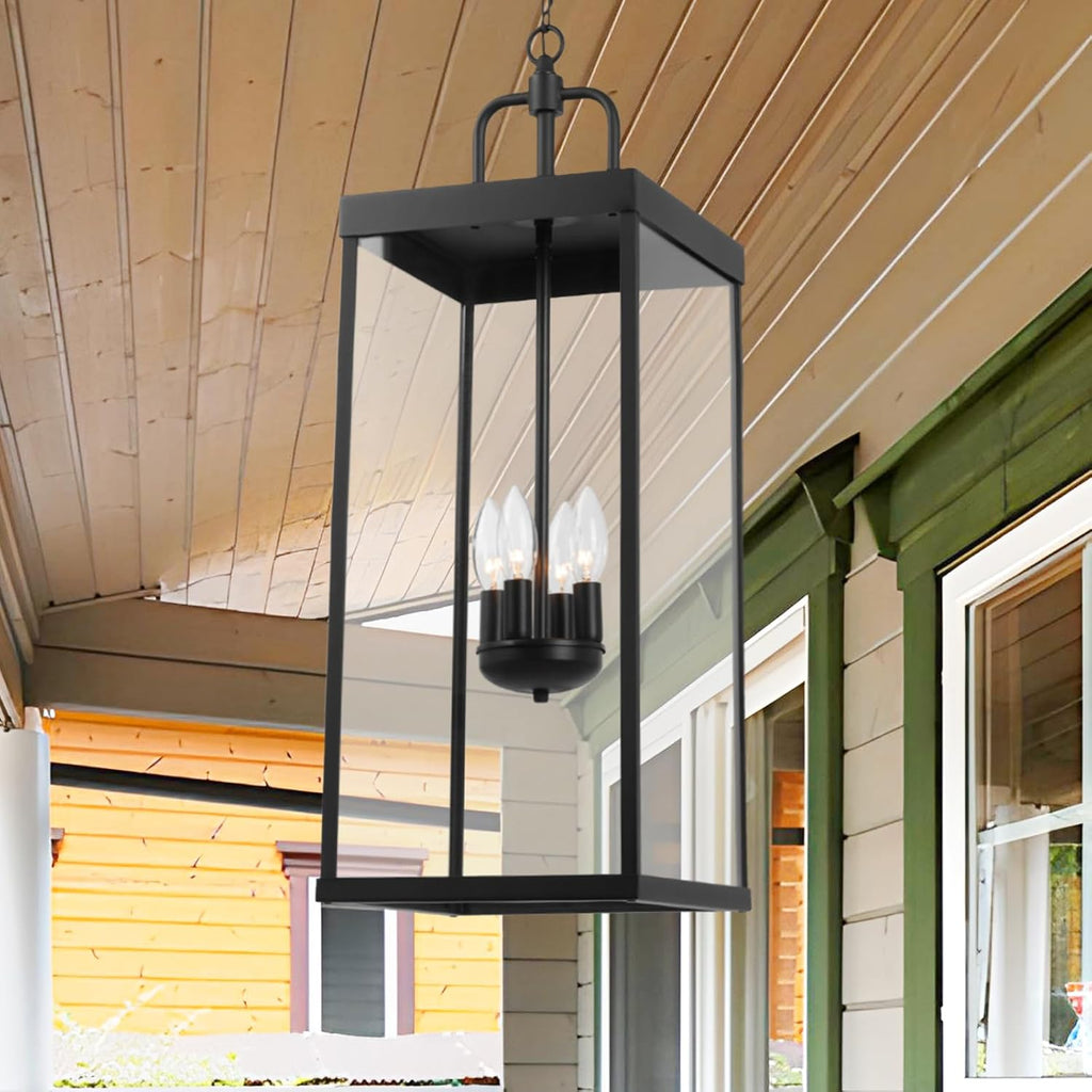 Large Outdoor Pendant Lantern Light Fixture for Front Porch, 28 Inch 4-Light Black Exterior Hanging Chandelier with Clear Glass, Outdoor Indoor Pendant Lamp for Patio, Gazebo, Entryway, Doorway