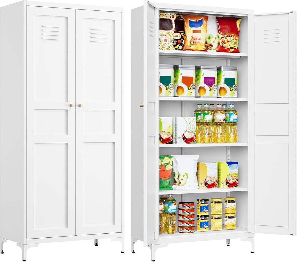 SISESOL Metal Storage Cabinet with Doors and Shelves,White Storage Cabinet with Leg & Vent Hole,Food Pantry Cabinets,5 Tier Metal Pantry,Tall Large Cupboard for Home,Kitchen,Dining/Living/Laundry Room