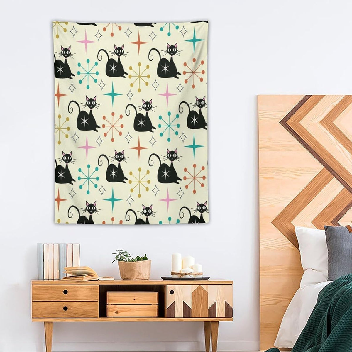 ICMOLYYENLO Abstract Cat Tapestry, Medieval Abstract Atomic Star Cat Vintage Home Wall Hanging Art Tapestry for Bedroom Living Room Dormitory 30x40 Inch