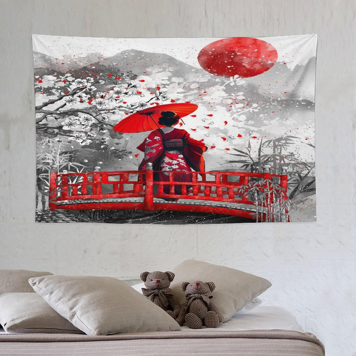 Japanese Red Geisha Tapestry Asian Cherry Blossom Red Sun Traditional Kimono Folk Tapestries Home Decor for Living Room Bedroom Apartment Farmhouse Dorm 60"x40"