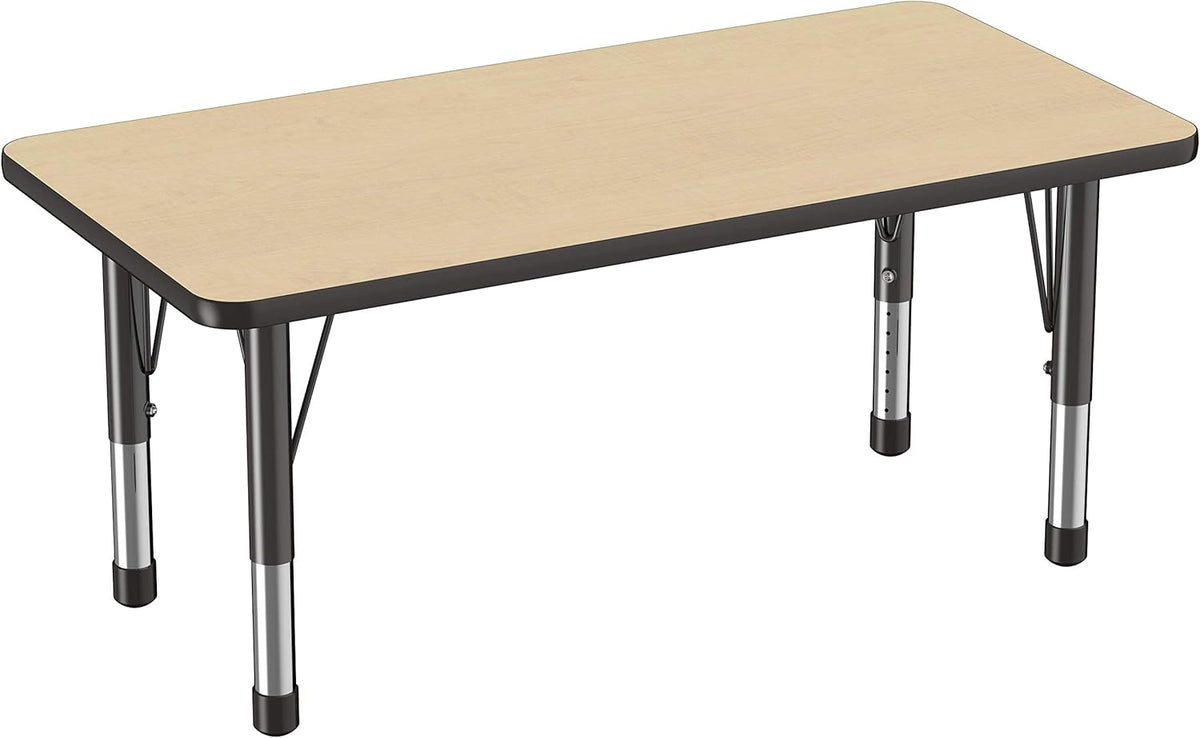 FDP Rectangle Activity School and Kids Classroom Table (24 x 48 inch), Toddler Legs, Adjustable Height 15-24 inches - Maple Top and Black Edge