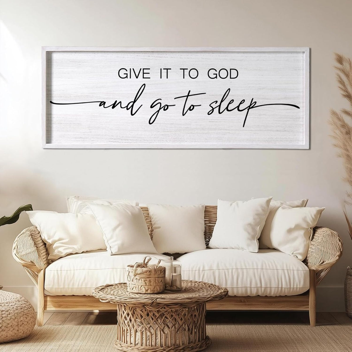 Give It to God and Go to Sleep Decorative Rustic Sign & Plaque Framed Wall Art for Couples, 40''×15'' Vintage Farmhouse Wooden Horizontal Wall Decor Above Bed, Cottagecore Wedding Gift for Bedroom
